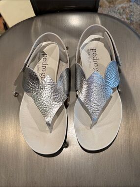 Pedro Garcia Metallic Silver Leather Thong Sandals with Sculpted Upper